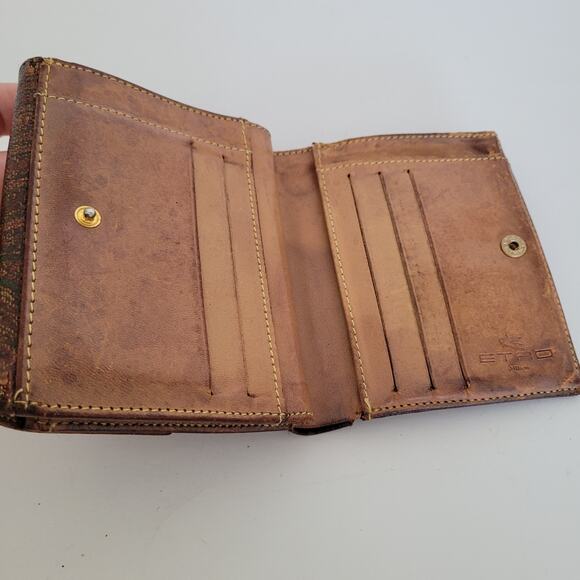 Etro Vintage Brown Paisley Medium Leather Wallet Compact Logo Italian Bifold - Picture 3 of 16